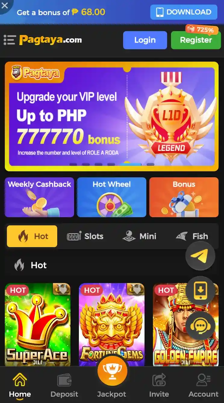 Pagtaya casino opened in a mobile browser on an iPhone without a native app download